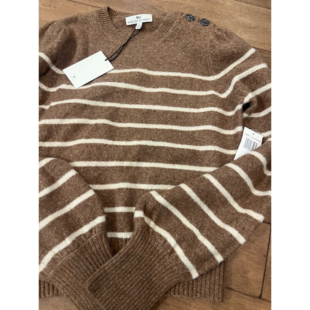 Rebecca Minkoff Brown Striped Puff Shoulder Button Accent Sweater NWT 7RMD8065J - Picture 3 of 7